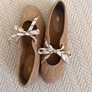Zara Suede Ballet Flats in Light Brown with Striped Ribbon